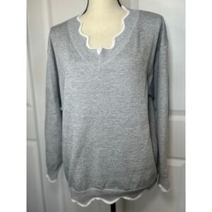 Misslook Gray Knitted Wool Sweater XL V Neck Long Sleeve Scalloped Trim